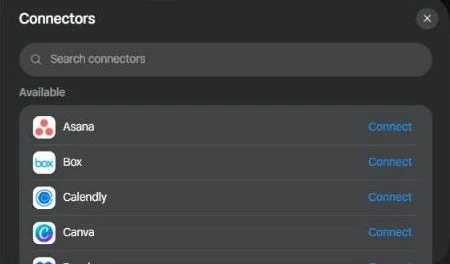 Muse's Settings, Connectors screen on the web app, showing the search box and the first available connectors: Asana, Box, Calendly and Canva, each with a Connect button