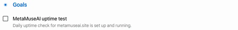 Muse Goals tab entry: MetaMuseAI uptime test, Daily uptime check for metamuseai.site is set up and running