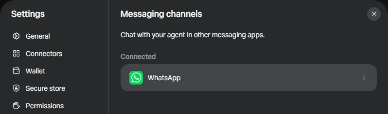 Muse Settings, Messaging channels: Chat with your agent in other messaging apps; Connected: WhatsApp