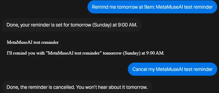 Muse chat: setting a reminder for tomorrow at 9 AM, Muse confirming it for Sunday at 9:00 AM, then cancelling it and Muse confirming the cancellation