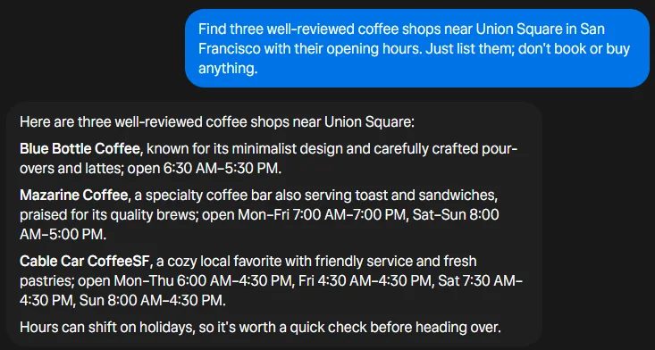 Muse chat: a request for three well-reviewed coffee shops near Union Square with opening hours, and Muse's reply listing Blue Bottle Coffee, Mazarine Coffee and Cable Car CoffeeSF with hours