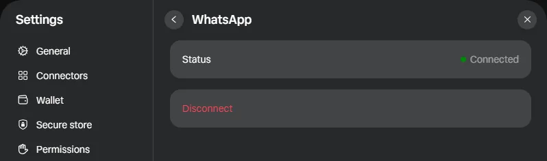 Muse Settings, WhatsApp channel: Status Connected, and a Disconnect button