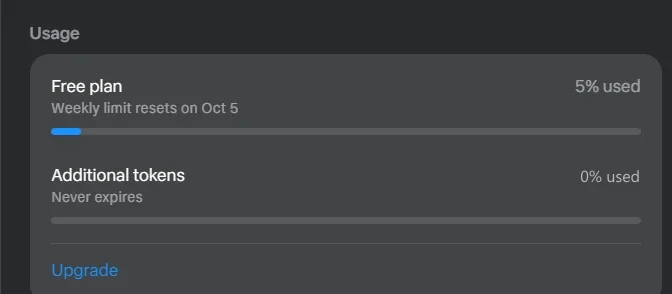 Muse Usage panel: Free plan, weekly limit resets on Oct 5, 5% used; Additional tokens, never expires; Upgrade link