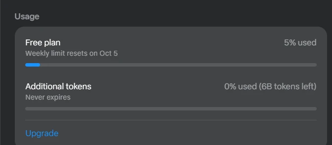 Muse's Usage panel on the web app: Free plan, weekly limit resets on Oct 5, 5% used; Additional tokens, never expires, 0% used, 6B tokens left; and an Upgrade link