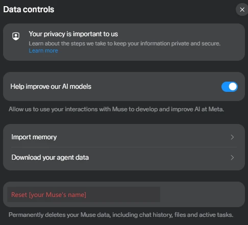Muse's Data controls settings: Help improve our AI models switched on, Import memory, Download your agent data, and a reset button that permanently deletes Muse data
