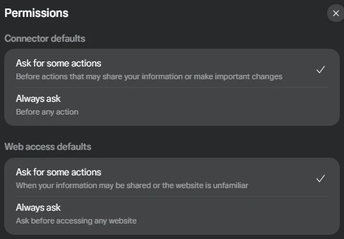 Muse's Permissions settings: Connector defaults and Web access defaults, each with Ask for some actions (selected) and Always ask