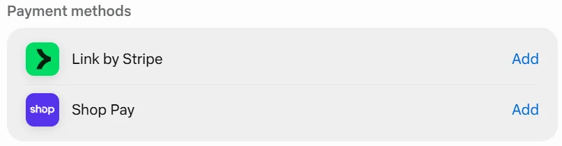 Muse Settings, Wallet: Payment methods, Link by Stripe with an Add button and Shop Pay with an Add button